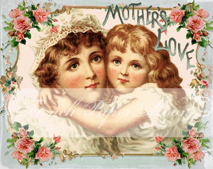 Vintage Shabby Mother's Day Digital, Mother and Child, Mother's Day Printable Transfer Graphic, Digital Pillow Image