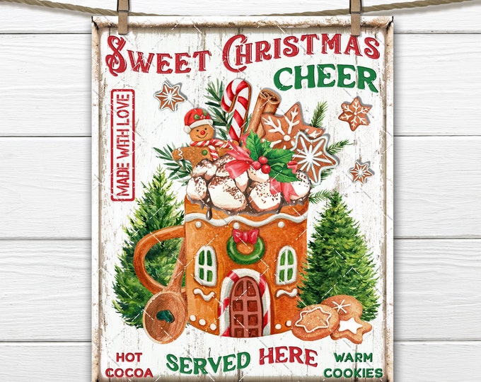 Christmas Cheer Hot Cocoa Gingerbread Mug DIY Xmas Sign Making Fabric Transfer Tiered Tray Decor Wreath Accent Cocoa Bar Wall Decor Print