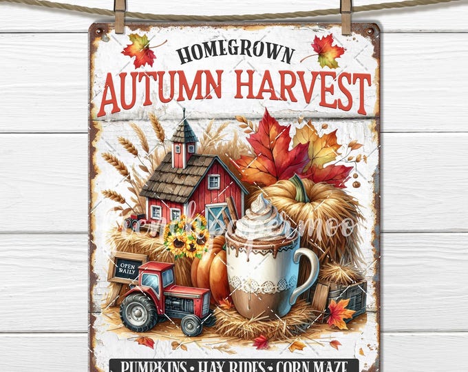 Autumn Harvest Farmhouse Digital Print, PNG Fall Sublimation, Red Barn, Haystack, Coffee, Cozy, Tea Towels, Pillow Image, DIY Signs Decor