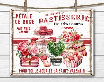 French Shabby Chic Valentine Bakery Macarons Roses DIY Sign Making DTF Transfer Digital Print Home Decor February 14th Wreath Accent PNG