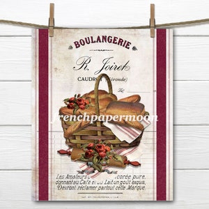 Vintage French Bakery, Boulangerie Graphic, Bread Basket, Baguette, Red Roses, Rolling Pin, Fabric Transfer, French Kitchen Print