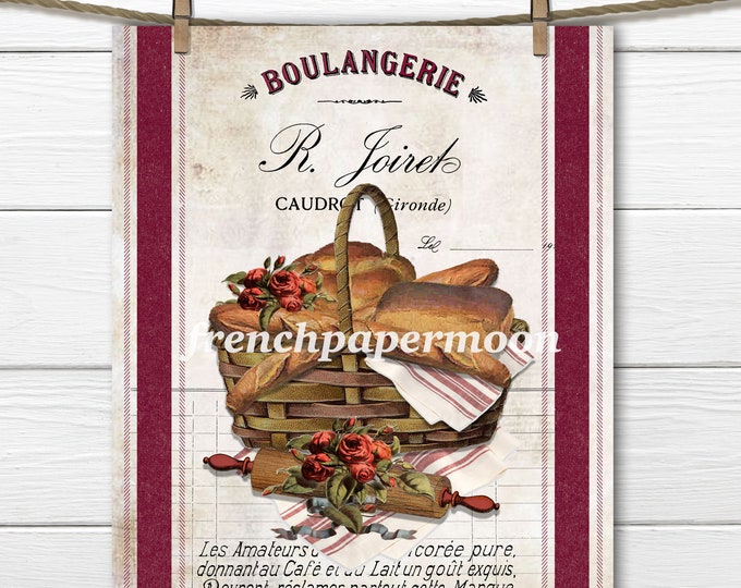 Vintage French Bakery, Boulangerie Graphic, Bread Basket, Baguette, Red Roses, Rolling Pin, Fabric Transfer, French Kitchen Print