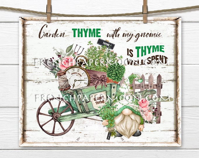 Garden Gnome, Digital, Garden Herbs, Thyme, Garden Thyme, DIY Garden Gnome Sign, Wreath Accent, Fabric Transfer, Tiered Tray, PNG, Summer