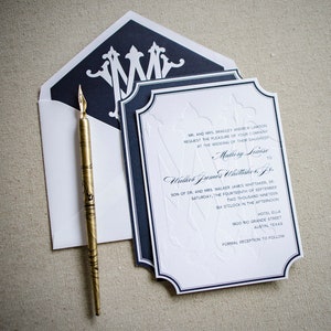 Blind Letterpress Invitations, Classic Monogram Wedding Invitations, Personalized Invites,  Digital and Letterpress Printed Invitations