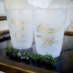 Gold Wedding Reception Cups, Frosted Plastic Cups, Cocktail Hour Cups, Engagement Party, Rehearsal Dinner, Custom Printed Cups, Party Favors