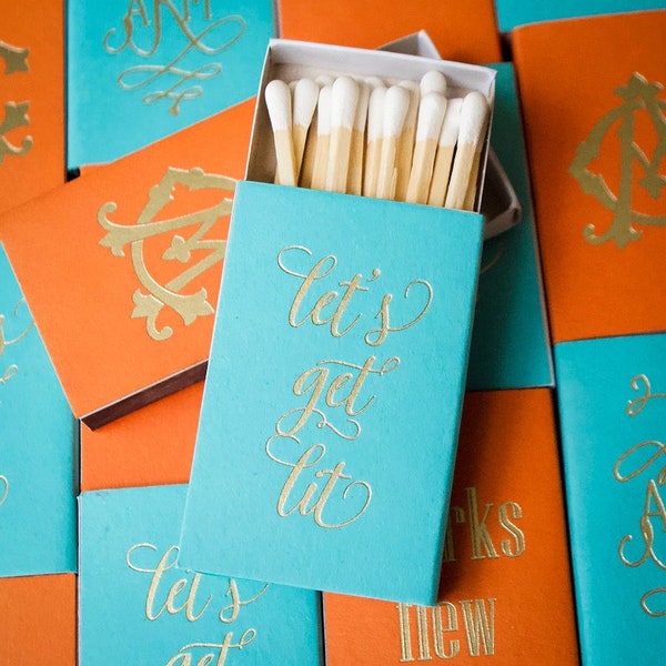 Custom Let's Get Lit Monogrammed Matches - Foil Printed Matches, Sparker Matches, Wedding Matchbox Favors, Party Favor