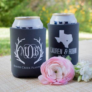 Antler Monogrammed Can Coolers, Texas Wedding Bottle Huggers, Rustic Wedding Party Favors, Collapsible Can Huggers, Custom Wedding Favors