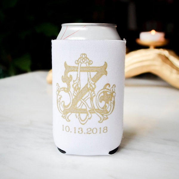 Monogrammed Can Coolers, Personalized Can Insulators, Anniversary Party, Wedding Monogram, Rehearsal Dinner, Custom Engagement Party Decor