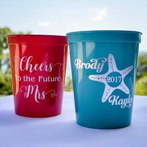 Engagement Party Cups, Custom Plastic Stadium Cups, Personalized Party Cups, Couple's Shower Cups, Wedding Shower Party Favors, Wedding Cups image 1