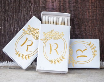 Floral Monogram Wedding Matches, Gold Foil Matchboxes, Cigar Bar, Sparkler Send Off, Custom Matchboxes, Wedding Favors, Personalized Matches