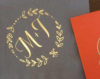 Custom Wreath Monogram Napkins, Personalized Wedding Napkins, Monogrammed Beverage Napkins, Foil Printed Napkins, Party Napkins