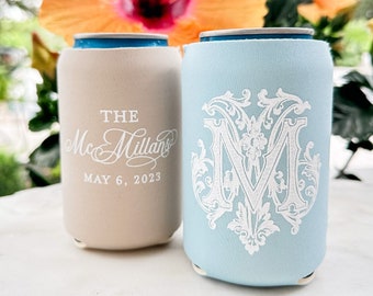 Custom Wedding Day Can Coolers, Personalized Wedding Favors, Monogrammed Drink Insulators, Custom Wedding Can Cooler Favors, Custom Coolies
