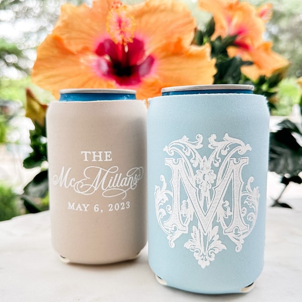 Custom Wedding Day Can Coolers, Personalized Wedding Favors, Monogrammed Drink Insulators, Custom Wedding Can Cooler Favors, Custom Coolies