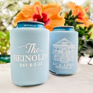 Custom Venue Can Coolers, Custom Can Coolies, Personalized Wedding Favors, Wedding Venue Drink Insulators, Custom Wedding Can Cooler Favors