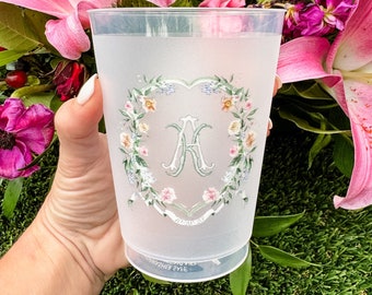 Personalized Full Color Floral Monogram Shatterproof Cups, Custom Full Color Wedding Frost Flex Cups, Vibrant Full Color Shatterproof Cups