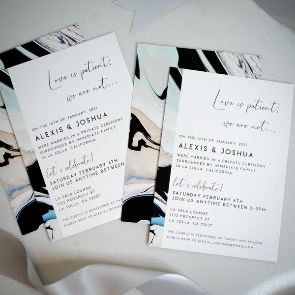 Personalized Watercolor Marble Printed Wedding Announcements, Full Color Elopement Announcements, Customized Wedding Reception Invitations