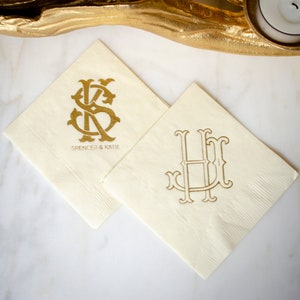 Interlocking Monogram Cocktail Napkins, Gold Foil Printed Napkins, Wedding Logo 3 Ply Napkins, Housewarming Gift, Engagement Party Decor