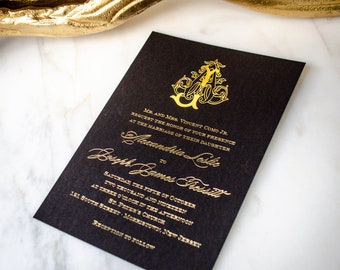 Custom Black & Gold Foil Stamped Wedding Invitations, Personalized Monogram Foil Printed Invites, Gold Foil Wedding Suite, Elegant Invites