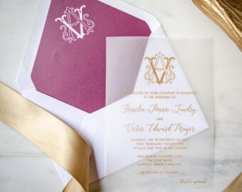 Custom Vellum Gold Wedding Invitations, Translucent Monogrammed Wedding Invites, Frosted Wedding Invitations, Elegant Thermography Invites