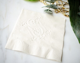 Embossed Interlocking Vintage Monogram Cocktail Napkins, Ivory Wedding Napkins, Custom 3 Ply Party Napkins, Bridal Shower Decor, Engagement