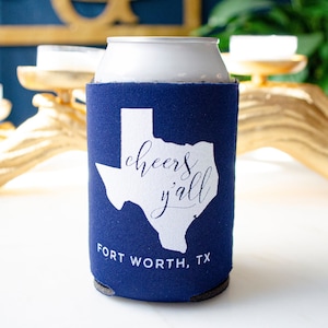 Cheers Y'all Texas Wedding Can Huggers, Southern Wedding Reception Decor, State Silhouette Can Coolers, Bottle Huggers, Collapsible Neoprene