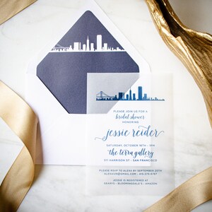 Custom Vellum Skyline Bridal Shower Invitations, Translucent City Skyline Invites, Vellum Wedding Invitations, Modern Thermography Invites