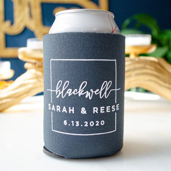 Modern Logo Can Coolers, Custom Printed Can Huggers, Engagement Party Decor, Neoprene Bottle Holder, Personalized Can Coolies, Wedding Favor