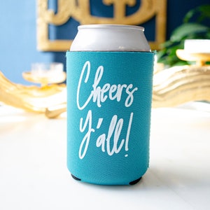Cheers Y&#39;all Party Can Coolers, Collapsible Neoprene Bottle Huggers, Custom Can Coolies, Southern Wedding Reception Decor, Engagement Party