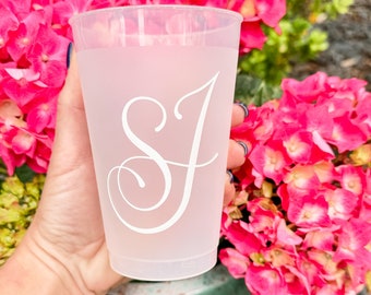 Custom White Ink Shatterproof Cups, Shatterproof White Ink Custom Cups, Personalized Initials Bar Cup Favors, Frosted Plastic Wedding Favors