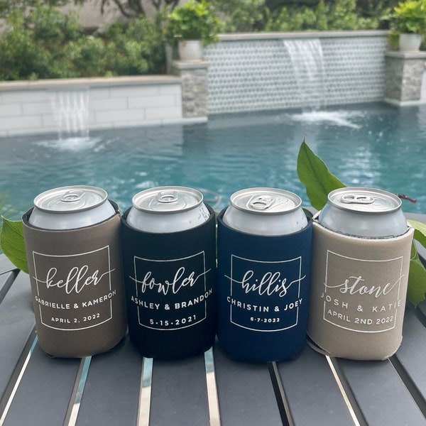 Personalized Wedding Can Coolers, Contemporary Wedding, Custom Wedding, Unique Can Huggers, Monogrammed Favors, Engagement Party, Neoprene