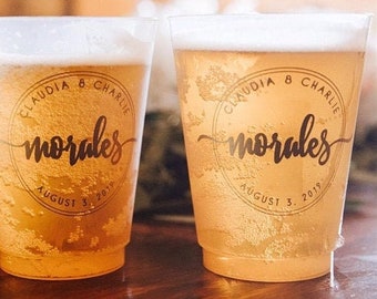 Custom Last Name Frosted Plastic Cups, Monogrammed Wedding Cups, Wedding Reception, Rehearsal Dinner, Engagement Party Favors, Printed Cups
