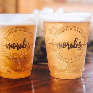 Custom Last Name Frosted Plastic Cups, Monogrammed Wedding Cups, Wedding Reception, Rehearsal Dinner, Engagement Party Favors, Printed Cups