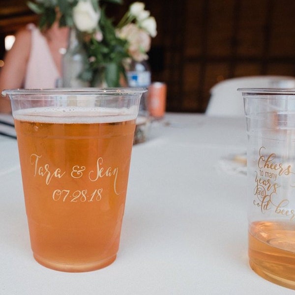 Soft Plastic Wedding Beer Cups, Custom Printed Plastic Cups, Wedding Reception, Personalized Engagement Party Disposable Cups, Cheers Beers