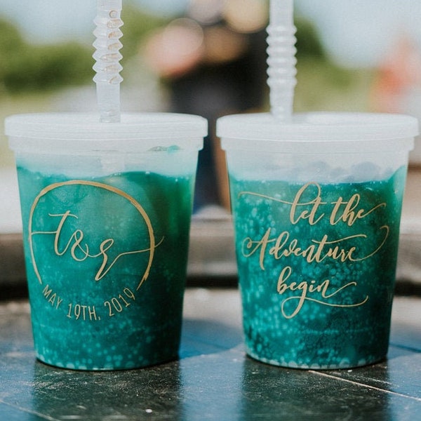 Monogrammed Color Changing Cups, Custom Wedding Favor Cups, Let the Adventure Begin, Unique Party Favors, Plastic Bachelorette Party Cups