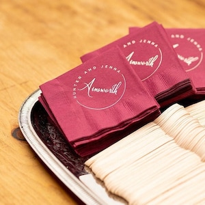 Burgundy Wedding Reception Napkins, Gold Foil 3 Ply Cocktail Napkins, Custom Printed Party Napkins, Personalized Napkins, Engagement Party