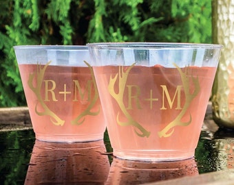 Antler Monogram Plastic Party Cups, Personalized Hard Plastic Glasses, Custom Printed Plastic Wedding Cups, Bridal Shower, Birthday Party