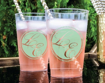 Custom Hard Plastic Cups, Personalized Wedding Cups, Two Initial Monogram, Personalized Printed Cups, Plastic Barware, Monogrammed Favors