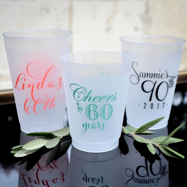 Milestone Birthday Party Cups, Personalized Cups, 50th Birthday, Frosted Plastic Cups, 30th Birthday Party Favors, 60th Birthday Party Decor