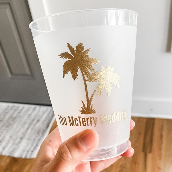 Tropical Palm Tree Wedding Frost Flex Cups, Palm Tree Wedding Shatterproof Cup, Destination Wedding Frost Flex Cup, Signature Wedding Favors