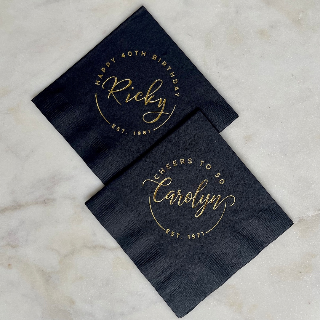 Custom Black Birthday Party Napkins, Gold Foil Birthday Cocktail Napkin