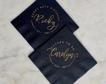 Custom Black Birthday Party Napkins, Gold Foil Birthday Cocktail Napkin, Milestone Birthday Party Napkin, 40th Birthday, 50th Birthday, 60th