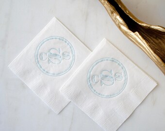 Striped Bold Monogram Cocktail Napkins, Circle Monogram Napkins, Pastel Blue Bridal Shower Decor, Kid's Birthday Party, Engagement Party