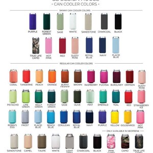 a collection of various colored cooler bottles, each with a different color and label, arranged in a grid format.