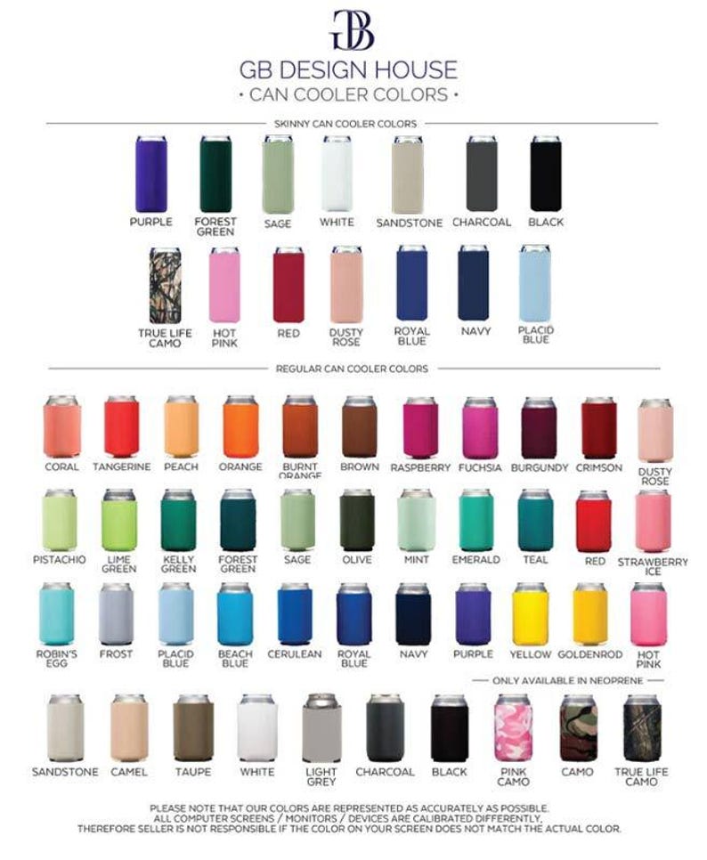 a collection of various colored cooler bottles, each with a different color and label, arranged in a grid format.