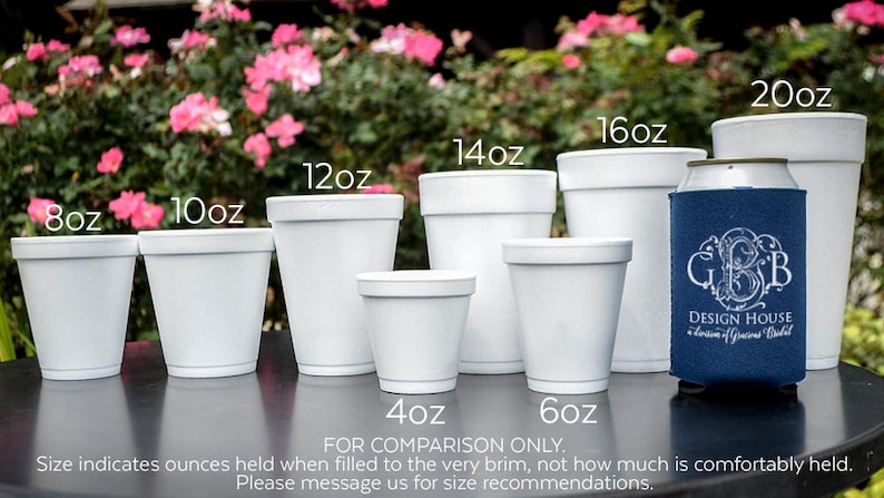 May include: A comparison of different sizes of white foam cups, ranging from 8 ounces to 20 ounces. The cups are labeled with their respective sizes in ounces. The text "FOR COMPARISON ONLY" is printed below the cups. The text "Size indicates ounces held when filled to the very brim, not how much is comfortably held. Please message us for size recommendations." is printed below the text "FOR COMPARISON ONLY."
