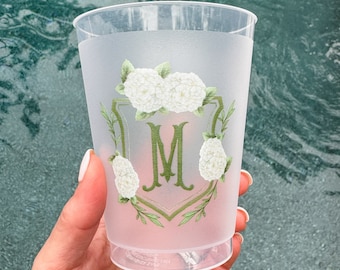 Full Color Hydrangea Initial Crest Shatterproof Cups, Full Color Frosted Cups, Personalized Watercolor Event Frost Flex Cups, Full Color Cup