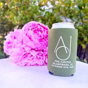 Custom Wedding Monogram Sage Can Coolers, Reception Can Cooler Favors, Personalized Event Beer Coolies, Customized Party Cold Drinks Huggers
