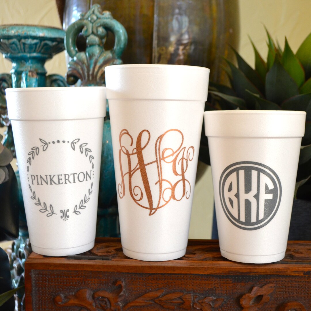 Monogram Styrofoam Party Cups, Personalized Foam Wedding Cups