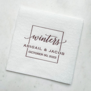 Square Monogrammed Wedding Linen-Like Napkins, White Printed Cocktail Napkins, Personalized Linun Napkin, Beverage Napkins, Rehearsal Dinner