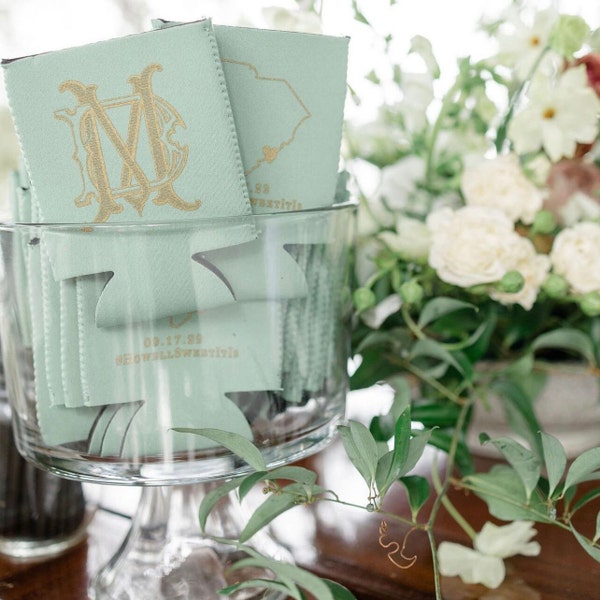 Custom Gold Monogram Can Coolers, Monogrammed Wedding Favor, Neoprene Can Cooler, Custom Wedding Colorful Coolies, Personalized Can Coolies